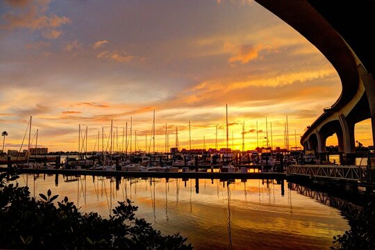 Clearwater Harbor Marina and Memorial Bridge at sunset in Tampa Bay, Florida