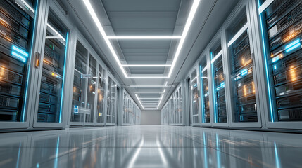 Contemporary server room featuring rows of network equipment with blue LED lighting, showcasing advanced cloud computing infrastructure in professional data center environment.