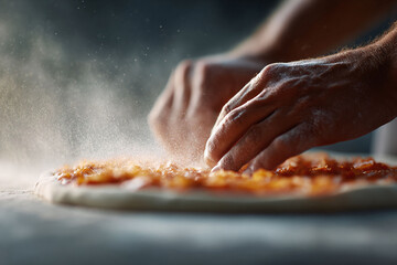 Crafting a pizza. Closeup of hands spreading tomato sauce on dough. Represents skill, tradition, culinary arts. Ideal for food blogs, restaurant promotions, or cooking tutorials.