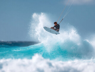 Obraz premium A kitesurfer soars above turquoise waves, showcasing freedom and skill. Perfect for travel, sports, and adventure themes, symbolizing adrenaline and summer fun.