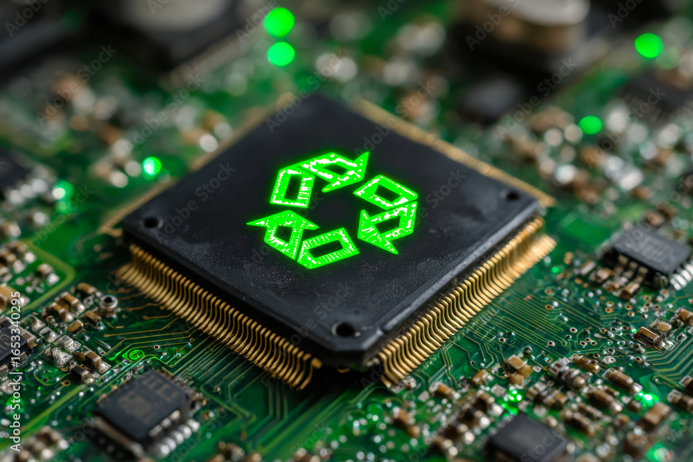 Poster close-up of a microchip with a recycling symbol illuminated on a circuit board