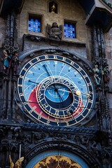Detail view of the Prague Astronomical Clock Orloj on the Old Town Hall, a historic medieval landmark in the Czech Republic.