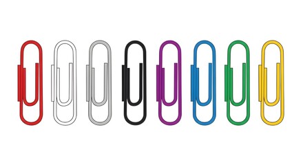 Collection of colorful paper clips arranged in a row on a white background