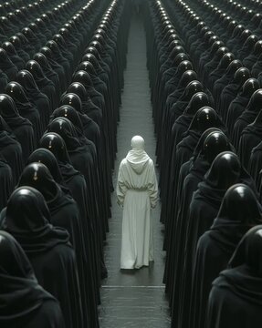 One person in white stands out from a crowd of people in black robes
