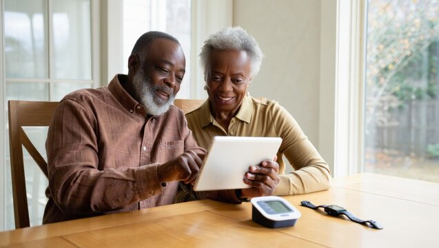 Elderly couple engaging with technology for health monitoring at home