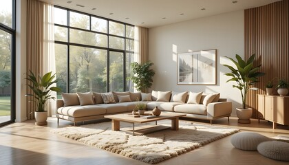 Fototapeta premium A cozy modern living room with a large sofa, coffee table, soft rug, and sunlight coming through big windows 