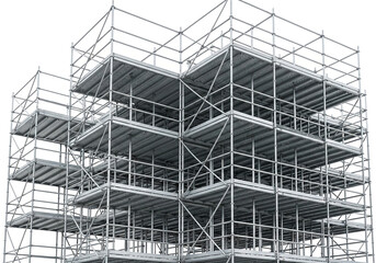 Modern building under construction with steel scaffolding and platforms
