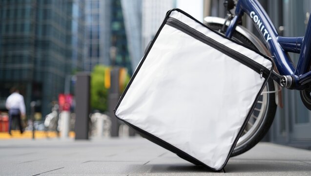 Courier delivery bag mockup on city street with bicycle