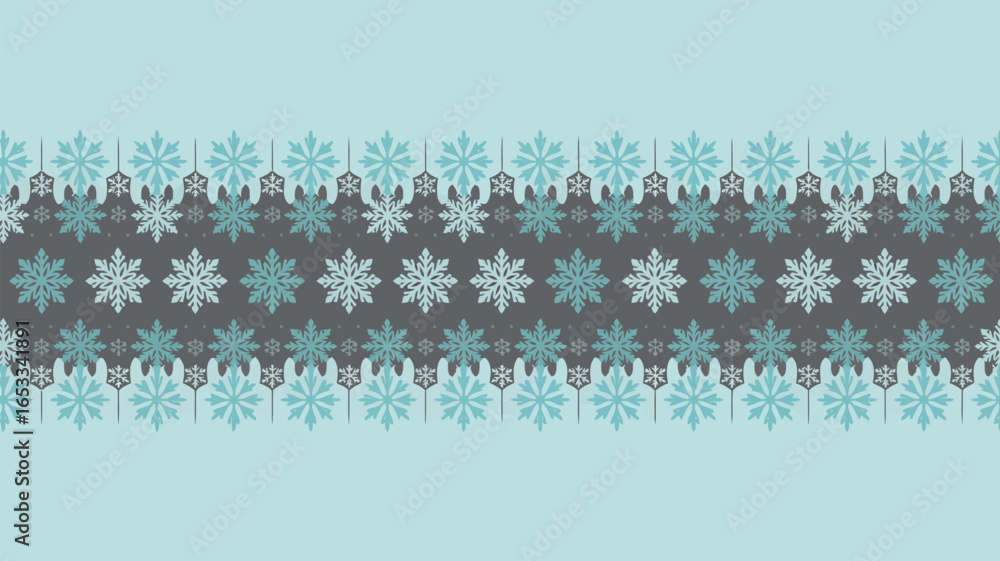 Poster a symmetrical pattern of snowflakes in shades of blue and gray on a light blue background creating a