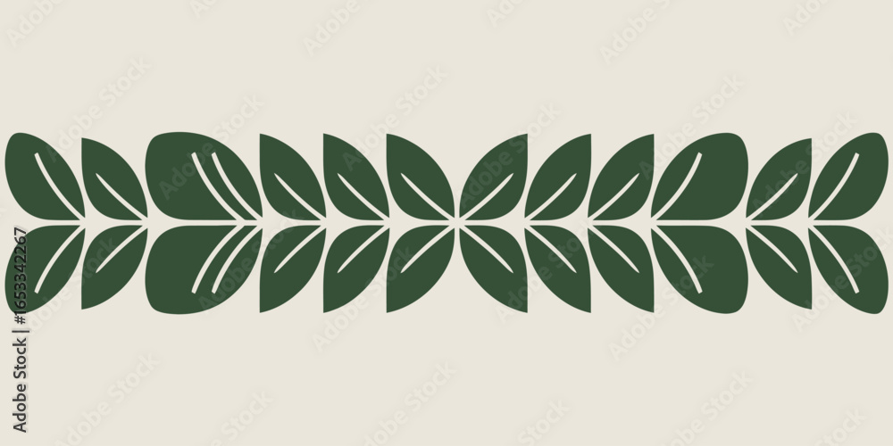 Poster a symmetrical row of dark green leaf patterns against a beige background in a simple flat design sty