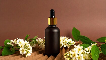 Fototapeta premium Dark bottle with white flowers on brown background