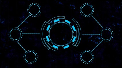 Futuristic Blue Digital Interface with Circular Elements and Connected Nodes on Dark Background technology