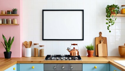 Minimalist kitchen design with poster mockup for interior inspiration