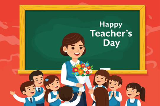 Happy teachers day with students giving flowers to their teacherHappy teachers day with students giving flowers to their teacher - Powered by Adobe