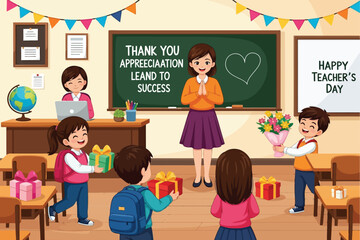 Students give gifts and flowers to their teacher on teachers dayStudents give gifts and flowers to their teacher on teachers day