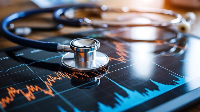 Stethoscope resting on financial stock market data chart with warm lighting