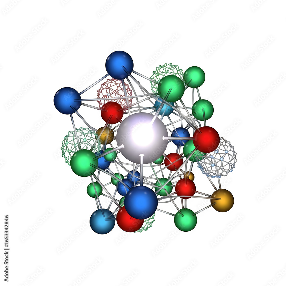 Fototapete 3d icon of abstract molecular structure with interconnected spheres and lines isolated on transparen