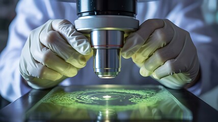 Scientist wearing gloves examines a sample under a microscope in a laboratory