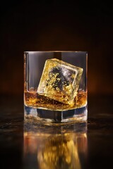 Whiskey Glass with Gold Flake Ice Cube on Dark Surface