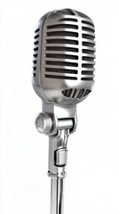 Fototapeta premium Shiny silver karaoke microphone on chrome stand for music events and performances