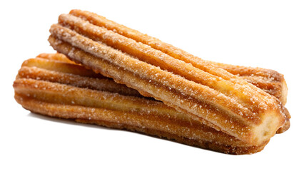 Two churros coated in sugar and cinnamon, isolated on a transparent background