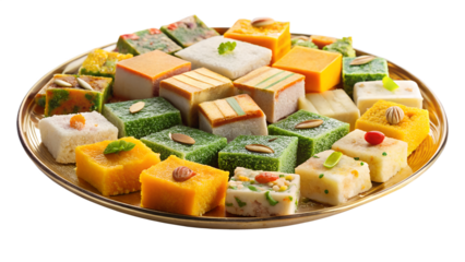 Assortment of colorful square sweets and desserts on a gold plate, isolated on transparent background