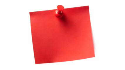Red sticky note pinned with a red pushpin, isolated on transparent background