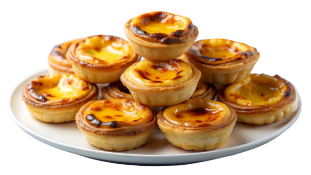 A stack of portuguese egg tarts with caramelized tops and flaky pastry, isolated on transparent background
