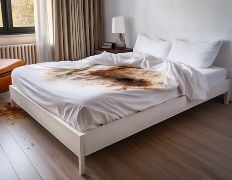 white bed with dirty stain and dust highlighting the need for cleaning and maintenance this image captures the essence of a white bed affected by a dirty stain and dust accumulation