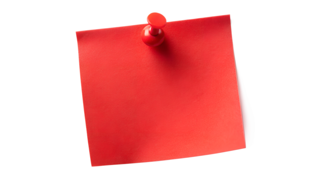Red sticky note pinned with a red pushpin, isolated on transparent background