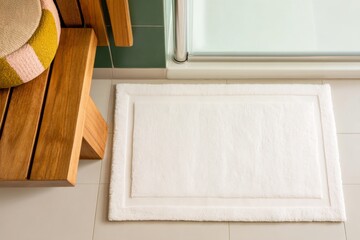 Elegant white bathroom rug on tile floor for home decor mockup. Design mockup