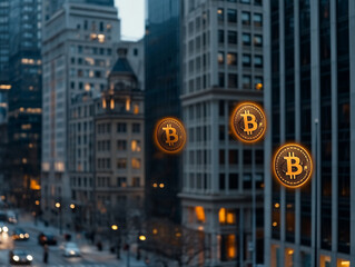 A futuristic cityscape with glowing holographic Bitcoin, Ethereum, and other cryptocurrency logos projected onto skyscrapers