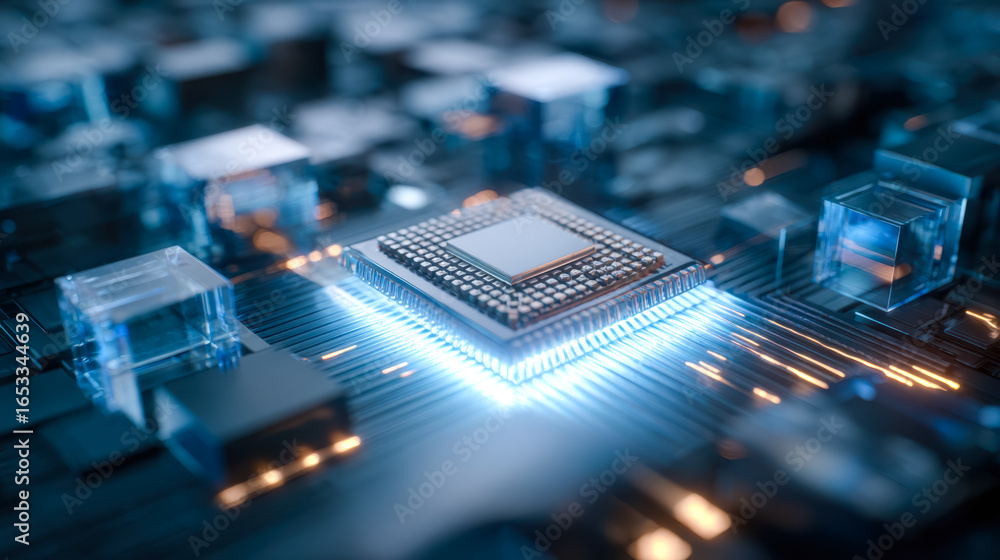 Poster close-up of a high-tech computer chip on a circuit board with glowing electronic components