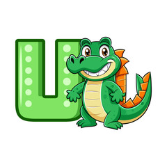 Playful Alligator Character with Big Alphabet U | Cute Animal Vector Illustration for Kids Learning, Alphabet Poster, Children Book Design
