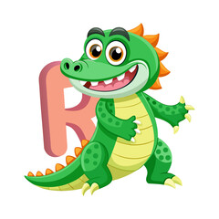 Playful alligator cartoon character holding giant alphabet R, fun animal vector illustration for children’s book, nursery, kids learning design