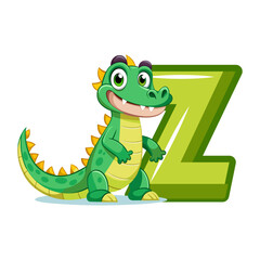 Fototapeta premium Playful alligator character holding giant alphabet Z, fun cartoon animal illustration, educational children book design, nursery wall art vector