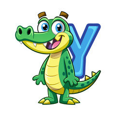 Playful Alligator Character with Big Alphabet Y, Cute Cartoon Animal Illustration for Children Learning Books, Educational Kids Vector Design