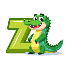 Playful alligator character holding giant alphabet Z, fun cartoon animal illustration, educational children book design, nursery wall art vector