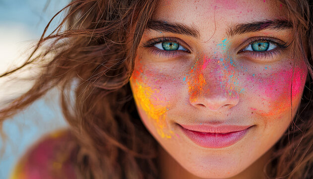 Close-up of a young woman with colorful paint splashes on her face and striking blue eyes