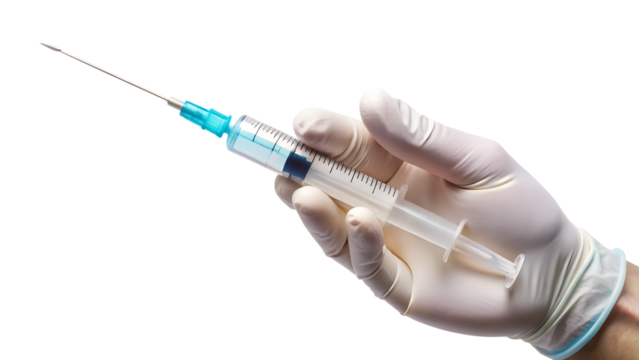 A hand wearing a sterile glove holds a medical syringe with a sharp needle isolated on white, representing medical procedure isolated on transparent background