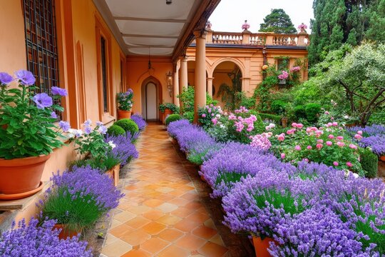 Courtyard garden with lavender and roses
