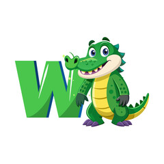 Playful Alligator Cartoon Character Holding Big Alphabet W, Fun Kids Learning Illustration, Cute Animal Vector for Children Book Education