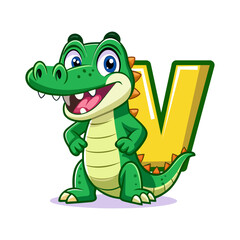 Playful alligator character holding giant alphabet V, fun children book illustration, cute cartoon animal design for kids learning alphabet