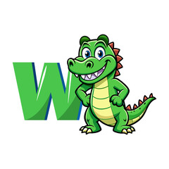 Playful Alligator Cartoon Character Holding Big Alphabet W, Fun Kids Learning Illustration, Cute Animal Vector for Children Book Education