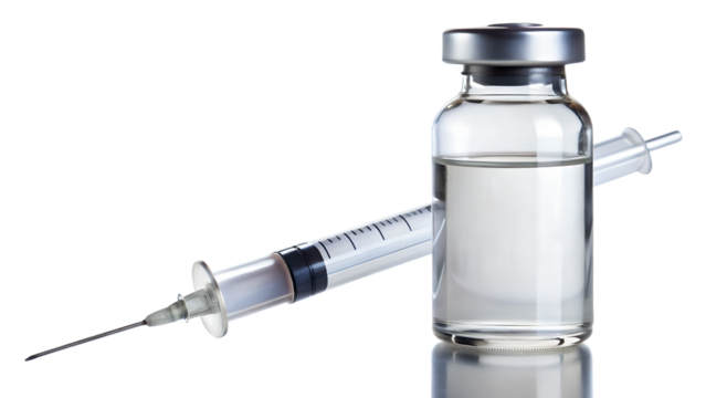 Medical syringe with needle inserted into a glass vial filled with clear liquid, isolated on transparent background