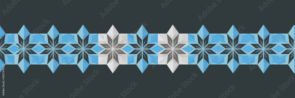 Poster a repeating pattern of blue and white geometric star shapes on a dark gray background in a horizonta