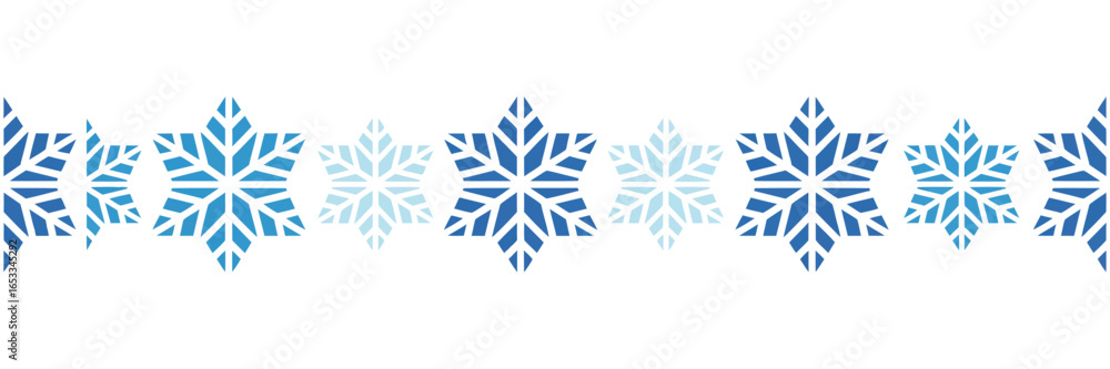Poster a horizontal row of blue and light blue snowflakes of varying sizes on a white background pattern de