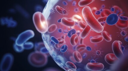 Microscopic view of red blood cells and white blood cells flowing