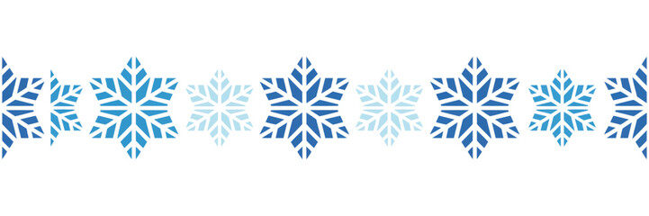 A horizontal row of blue and light blue snowflakes of varying sizes on a white background pattern design