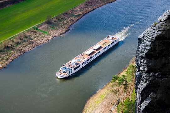River cruise ship on the Elbe River, photographed from Bastei, Germany